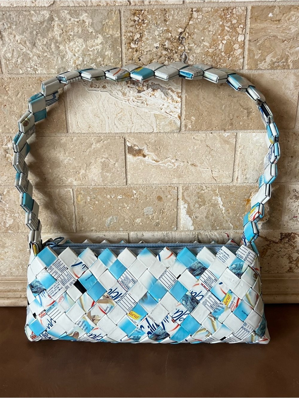 Y2K,  Up Cycled, Eco-Friendly Wrapper Purse w/strap Lt. Blue &White; Good con.